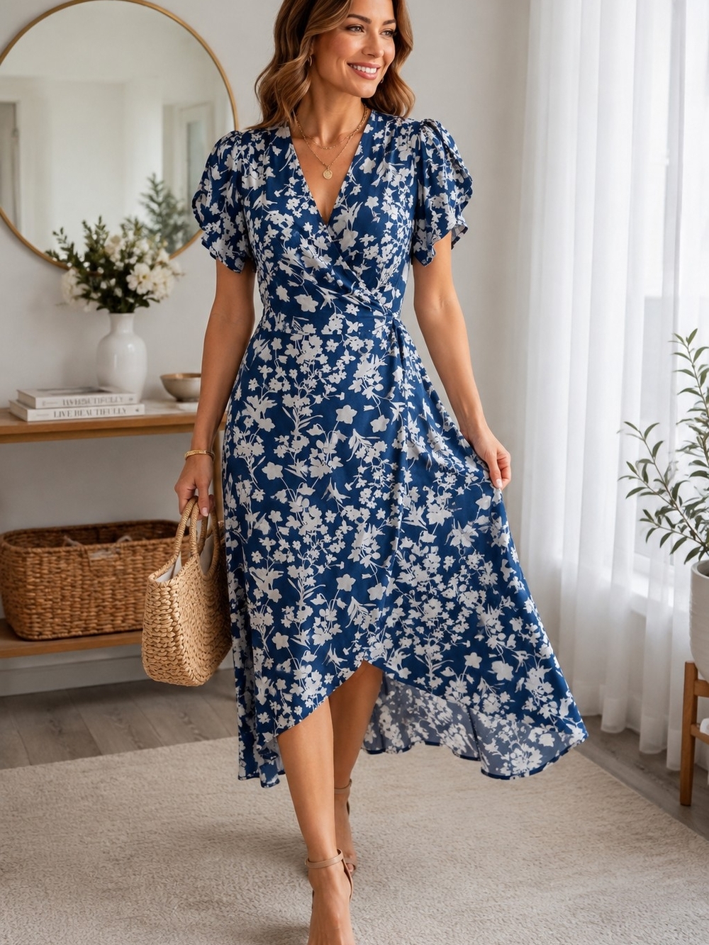 NWOT Blue & White Floral Wrap Midi Dress – Short Sleeve, Asymmetrical Hem